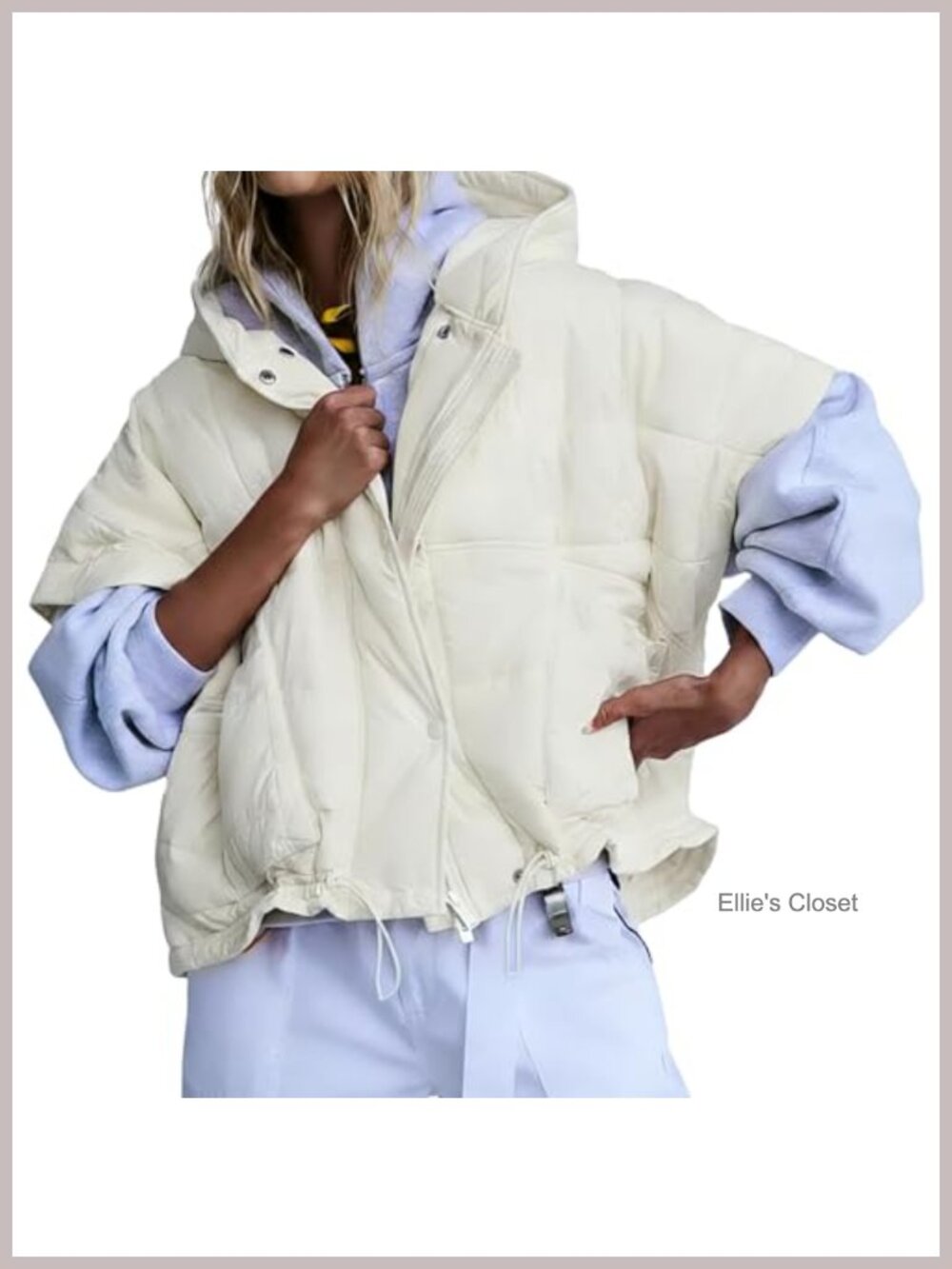 Women's Quilted Puffer Vest with Zip Up Hoodie Oversized Short Sleeves Jacket